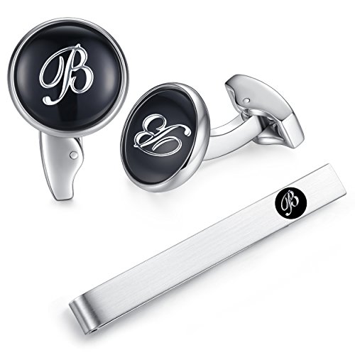 HONEY BEAR manschettenknöpfe & krawattennadel Krawattenklammer Set Initialen Buchstabe Herren Edelstahl Hochzeit Cufflinks Manschettenknopf Schwarz (B) von HONEY BEAR