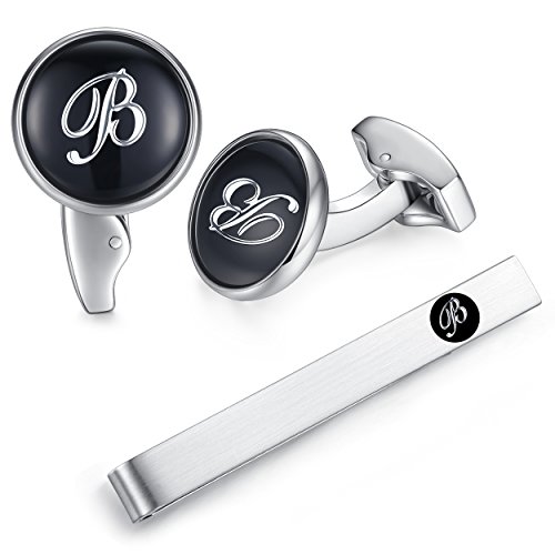 Honey Bear manschettenknöpfe & krawattennadel Krawattenklammer Set Initialen Buchstabe Herren Edelstahl Hochzeit Cufflinks Manschettenknopf Schwarz (B) von HONEY BEAR