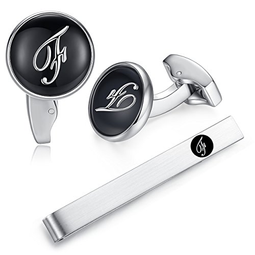 Honey Bear manschettenknöpfe & krawattennadel Krawattenklammer Set Initialen Buchstabe Herren Edelstahl Hochzeit Cufflinks Manschettenknopf Schwarz (F) von HONEY BEAR