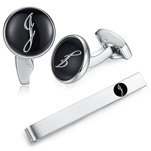 HONEY BEAR manschettenknöpfe & krawattennadel Krawattenklammer Set Initialen Buchstabe Herren Edelstahl Hochzeit Cufflinks Manschettenknopf Schwarz (J) von HONEY BEAR