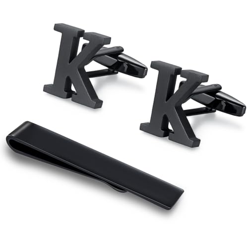 HONEY BEAR manschettenknöpfe & krawattennadel Krawattenklammer Set Initialen Buchstabe Herren Edelstahl Hochzeit Cufflinks Manschettenknopf Schwarz (K) von HONEY BEAR