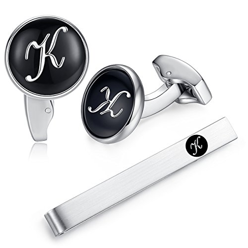 HONEY BEAR manschettenknöpfe & krawattennadel Krawattenklammer Set Initialen Buchstabe Herren Edelstahl Hochzeit Cufflinks Manschettenknopf Schwarz (K) von HONEY BEAR