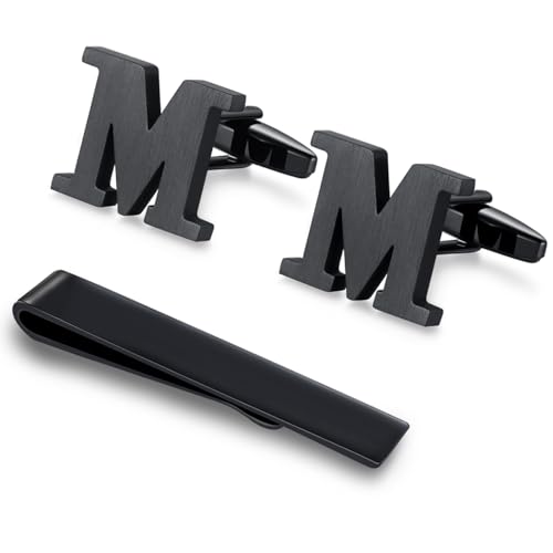 HONEY BEAR manschettenknöpfe & krawattennadel Krawattenklammer Set Initialen Buchstabe Herren Edelstahl Hochzeit Cufflinks Manschettenknopf Schwarz (M) von HONEY BEAR