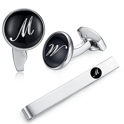 Honey Bear manschettenknöpfe & krawattennadel Krawattenklammer Set Initialen Buchstabe Herren Edelstahl Hochzeit Cufflinks Manschettenknopf Schwarz (M) von HONEY BEAR