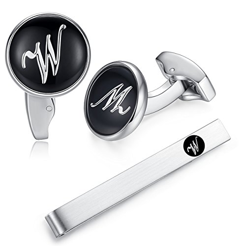HONEY BEAR manschettenknöpfe & krawattennadel Krawattenklammer Set Initialen Buchstabe Herren Edelstahl Hochzeit Cufflinks Manschettenknopf Schwarz (W) von HONEY BEAR