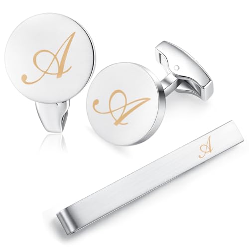 HONEY BEAR manschettenknöpfe & krawattennadel Krawattenklammer Set Initialen Buchstabe Herren Hochzeit Cufflinks Manschettenknopf Silber, 5.4cm (A) von HONEY BEAR