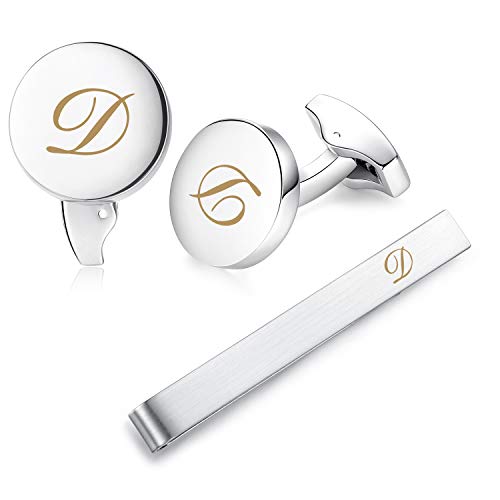 HONEY BEAR manschettenknöpfe & krawattennadel Krawattenklammer Set Initialen Buchstabe Herren Edelstahl Hochzeit Cufflinks Manschettenknopf Silber (D) von HONEY BEAR