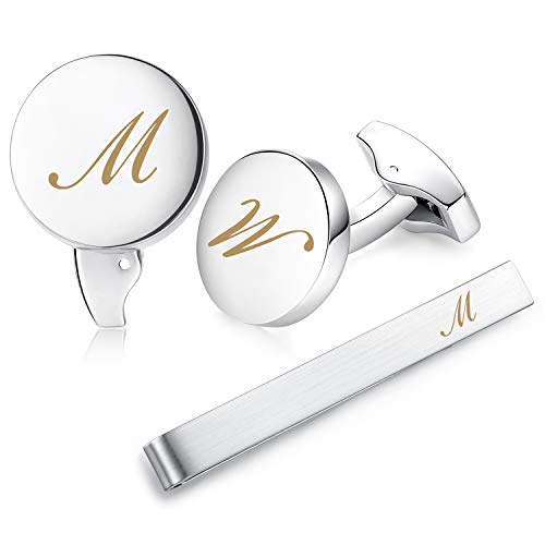 HONEY BEAR manschettenknöpfe & krawattennadel Krawattenklammer Set Initialen Buchstabe Herren Edelstahl Hochzeit Cufflinks Manschettenknopf Silber (M) von HONEY BEAR