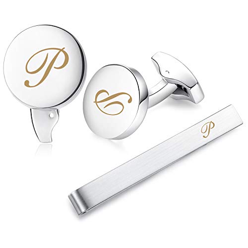 HONEY BEAR manschettenknöpfe & krawattennadel Krawattenklammer Set Initialen Buchstabe Herren Edelstahl Hochzeit Cufflinks Manschettenknopf Silber (P) von HONEY BEAR