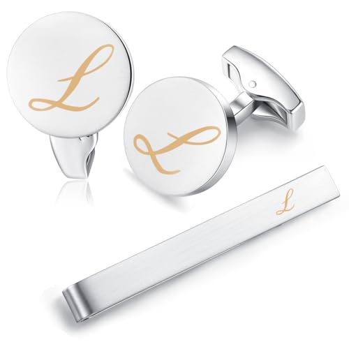 HONEY BEAR manschettenknöpfe & krawattennadel Krawattenklammer Set Initialen Buchstabe Herren Hochzeit Cufflinks Manschettenknopf Silber, 5.4cm (L) von HONEY BEAR