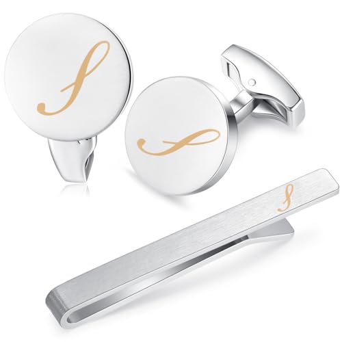 HONEY BEAR manschettenknöpfe & krawattennadel Krawattenklammer Set Initialen Buchstabe Herren Hochzeit Cufflinks Manschettenknopf Silber, 5.4cm (S upgrade mit Box) von HONEY BEAR
