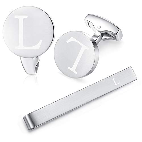 HONEY BEAR manschettenknöpfe & krawattennadel Set Initialen Buchstabe Herren Edelstahl Hochzeit Cufflinks Manschettenknopf Silber，A-Z,MEHRWEG (L) von HONEY BEAR