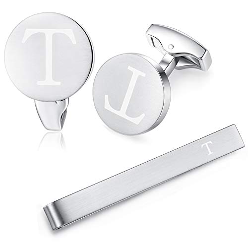 HONEY BEAR manschettenknöpfe & krawattennadel Set Initialen Buchstabe Herren Edelstahl Hochzeit Cufflinks Manschettenknopf Silber，A-Z,MEHRWEG (T) von HONEY BEAR