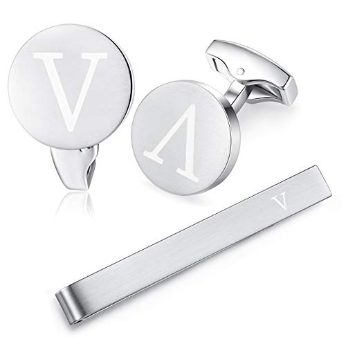 HONEY BEAR manschettenknöpfe & krawattennadel Set Initialen Buchstabe Herren Edelstahl Hochzeit Cufflinks Manschettenknopf Silber，A-Z,MEHRWEG von HONEY BEAR