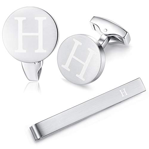 HONEY BEAR manschettenknöpfe & krawattennadel Set Initialen Buchstabe Herren Edelstahl Hochzeit Cufflinks Manschettenknopf Silber，A-Z,MEHRWEG von HONEY BEAR