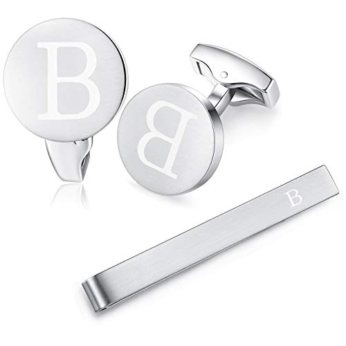 HONEY BEAR manschettenknöpfe & krawattennadel Set Initialen Buchstabe Herren Edelstahl Hochzeit Cufflinks Manschettenknopf Silber，A-Z (B) von HONEY BEAR