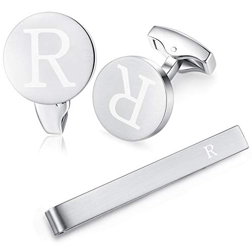 HONEY BEAR manschettenknöpfe & krawattennadel Set Initialen Buchstabe Herren Edelstahl Hochzeit Cufflinks Manschettenknopf Silber，A-Z,MEHRWEG (R) von HONEY BEAR