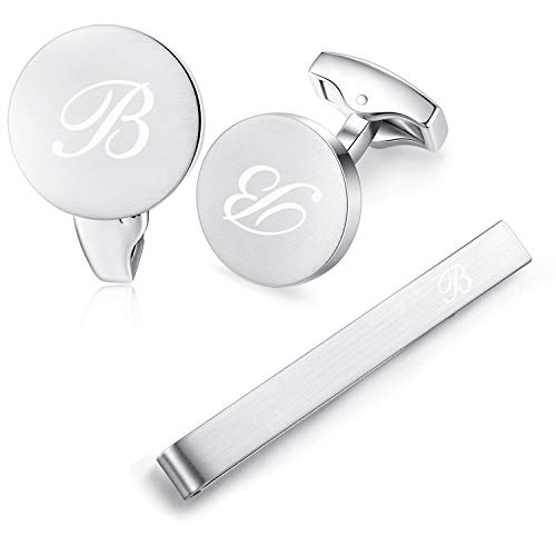 HONEY BEAR Manschettenknöpfe Krawattennadel Set Initialen Buchstabe Herren Edelstahl Hochzeit Cufflinks Manschettenknopf Silber (B Set) von HONEY BEAR