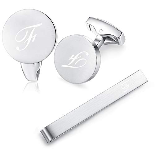 HONEY BEAR manschettenknöpfe & krawattennadel Set Initialen Buchstabe Herren Edelstahl Hochzeit Cufflinks Manschettenknopf Silber (F) von HONEY BEAR