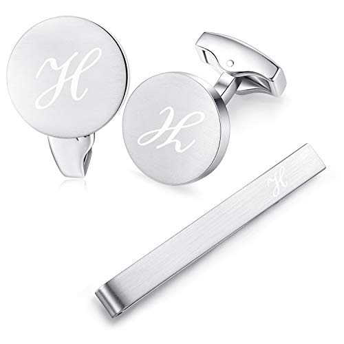 HONEY BEAR manschettenknöpfe & krawattennadel Set Initialen Buchstabe Herren Edelstahl Hochzeit Cufflinks Manschettenknopf Silber (H) von HONEY BEAR