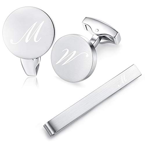 HONEY BEAR manschettenknöpfe & krawattennadel Set Initialen Buchstabe Herren Edelstahl Hochzeit Cufflinks Manschettenknopf Silber (M) von HONEY BEAR