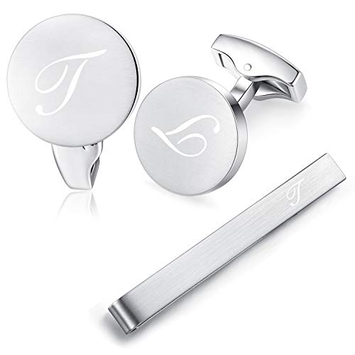 Honey Bear manschettenknöpfe & krawattennadel Set Initialen Buchstabe Herren Edelstahl Hochzeit Cufflinks Manschettenknopf Silber (T) von HONEY BEAR