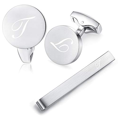 HONEY BEAR Manschettenknöpfe Krawattennadel Set Initialen Buchstabe Herren Edelstahl Hochzeit Cufflinks Manschettenknopf Silber (T Set) von HONEY BEAR