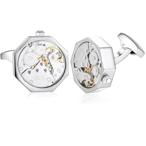 HONEY BEAR 1 Paar Herren Manschettenknöpfe Cufflinks Steampunk Uhrwerk Bewegung beweglich Edelstahl für Geschäftshochzeits geschenk mit Kasten,Rechteck (Silber) von HONEY BEAR