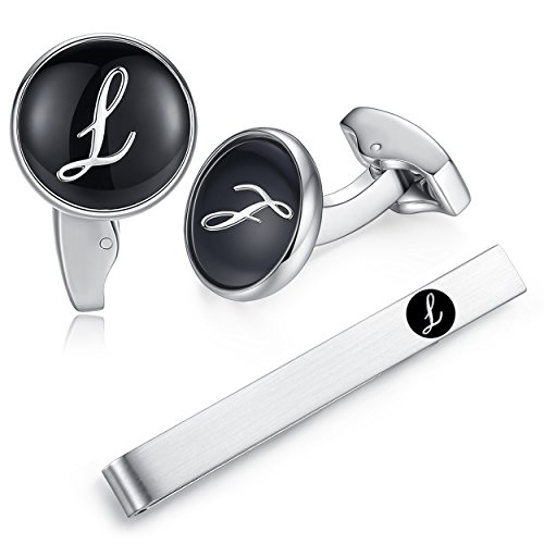 Honey Bear manschettenknöpfe & krawattennadel Krawattenklammer Set Initialen Buchstabe Herren Edelstahl Hochzeit Cufflinks Manschettenknopf Schwarz (L) von HONEY BEAR