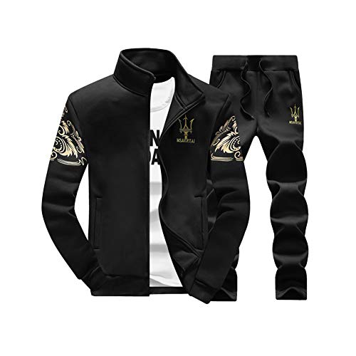 2-Teiliges Set Herren Trainingsanzug Jogginganzug Sportanzug Frühling Sweatjacke+Trainingshose Fitness Jogginghose Fußball Jacke Sporthose Trainingsjacke Männer Zipper Sweatshirt Hose Set Schwarz L von HONGBI