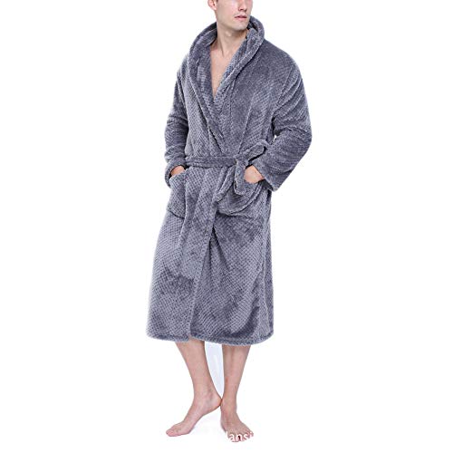 Bademantel Langer Damen Herren Unisex mit Kapuze Morgenmantel Mikrofaser weich leicht kuschelig Microfaser Fleece Dunkelgrau XL von HONGBI
