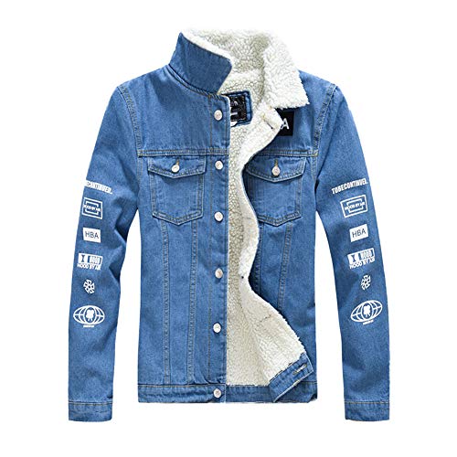 Classics Herren Jeansjacke mit Fell Winter Denim Jacket Gefütterte Jeans Jacke Casual Winterjacke Warme Cowboy Mäntel Sherpa Trucker Jacket Vintage Denim Übergangsjacke Freizeitjacke D 3XL von HONGBI