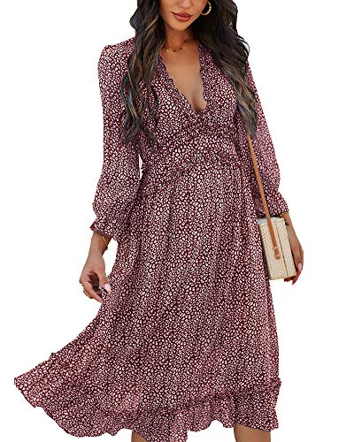 Damen Böhmisch Kleider Sommerkleider Tiefer V-Ausschnitt Langarm Kleider Rüschenärmel Casual Strandkleid Blumenkleid Elegant High Waist Cocktailkleid Strandkleid Chiffon Midi-Boho-Kleid Weinrot XL von HONGBI