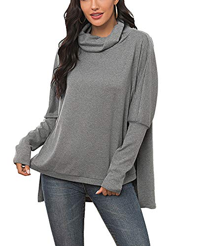 Damen Herbst Oberteil mit Wasserfallkragen Langarm Sweatshirt Pullover Einfarbig Langarmshirt Casual Tunika Pulli Irregulär Bluse Tops Lose Freizeit T-Shirt Grau XL von HONGBI