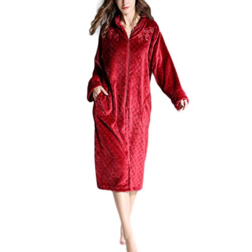 Damen Morgenmantel aus Baumwolle Bademantel Nachtwäsche Kimono Saunamantel mit Tiefer V-Ausschnitt und Reißverschluss Schlafanzug Rot M von HONGBI