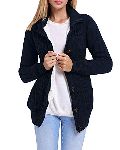 Damen Strickjacke Cardigan mit Kapuze Und Reißverschluss Langarm Strickcardigan Hoodie Jacke Strickmantel mit Tasche und Knöpfe Warm Gefütterte Gestrickt Winterjacke Outwear Dunkelblau XXL von HONGBI