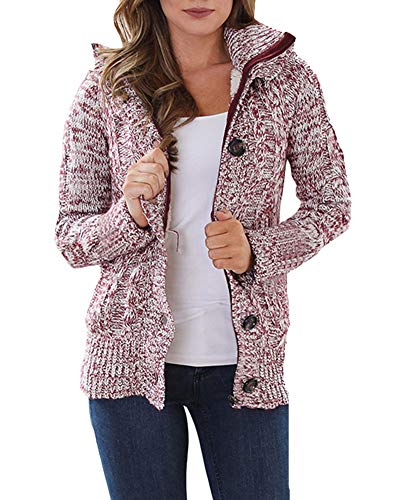 Damen Strickjacke Cardigan mit Kapuze Und Reißverschluss Langarm Strickcardigan Hoodie Jacke Strickmantel mit Tasche und Knöpfe Warm Gefütterte Gestrickt Winterjacke Outwear Rot M von HONGBI