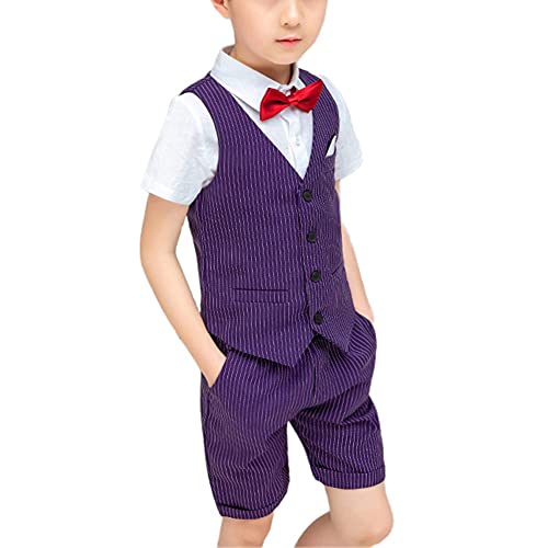 HONGBI 2-12 Jahre Kinder Junge Anzug 4 Stück Kinder Anzug Set Sommer Taufe Hochzeit Anzüge Gentleman Weste + Kurzarm Hemd + Kurze Hose + Fliege Kinderanzug Festlich Outfit von HONGBI