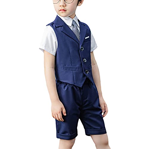 HONGBI 4-Teiliger Kinder Anzug Set,Junge Festliche Kleidung Sommer Hochzeit Anzüge Jungen Weste Anzüge,Kinderanzug Weste+Kurzarm Hemd+Kurze Hose/Shorts+Fliege,Geburtstag Party Taufe Bekleidungssets von HONGBI