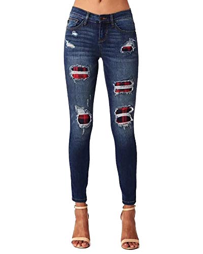 HONGBI Color Block Damen Jeans Leopard Gedruckt Mittlerer Taille Slim Leggings Röhrenjeans Bleistifthose mit Löchern Flicken Jeans Patchwork Damen Pants Dunkelblau mit Plaid M von HONGBI