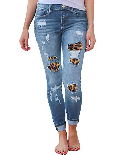 HONGBI Color Block Damen Jeans Leopard Gedruckt Mittlerer Taille Slim Leggings Röhrenjeans Bleistifthose mit Löchern Flicken Jeans Patchwork Damen Pants Hellblau M von HONGBI