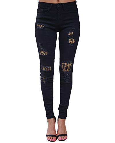 HONGBI Color Block Damen Jeans Leopard Gedruckt Mittlerer Taille Slim Leggings Röhrenjeans Bleistifthose mit Löchern Flicken Jeans Patchwork Damen Pants Schwarz M von HONGBI