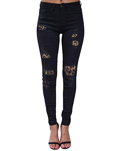 HONGBI Color Block Damen Jeans Leopard Gedruckt Mittlerer Taille Slim Leggings Röhrenjeans Bleistifthose mit Löchern Flicken Jeans Patchwork Damen Pants Schwarz S von HONGBI