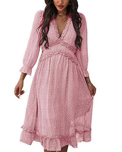 HONGBI Damen Böhmisch Kleider Sommerkleider Tiefer V-Ausschnitt Langarm Kleider Rüschenärmel Casual Strandkleid Blumenkleid Elegant High Waist Cocktailkleid Strandkleid Chiffon Midi-Boho-Kleid Rosa M von HONGBI