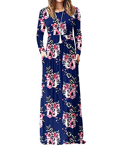 HONGBI Damen Casual Langarm Maxi Kleid mit Taschen Rundhals Maxikleid Strandkleid Elegant Kleider Lange Blumen Kleid Abendkleider Maxikleider Freizeitkleider Ballkleider Blume-D XL von HONGBI