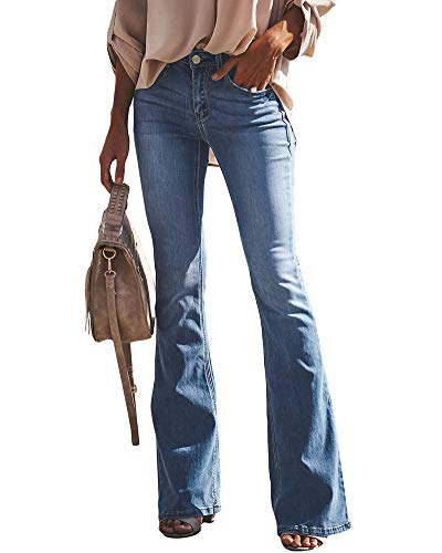 HONGBI Damen Flared Bootcut Jeans Slim Fit Medium Waist Schlaghose Skinny Jeanshose Weites Bein Retro Stil Denim Hose Hellblau XXL von HONGBI