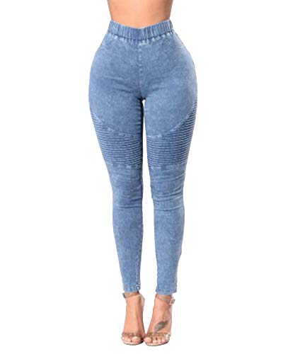 HONGBI High Waist Damen Skinny Jeans mit Gummibund Straight Slim Denim Stretch Push Up Lang Jeanshosen Hellblau M von HONGBI