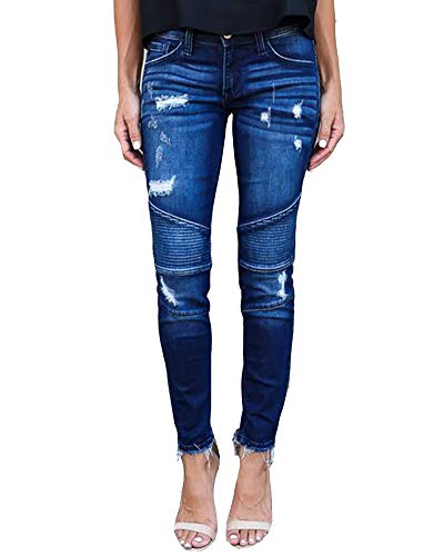 HONGBI Jeans Damen Röhrenjeans Zerrissene Destroyed Straight Jeans Hose mit Löchern Skinny Slim Stretch Denim Hose mit Mittlerer Taille Dunkelblau XXL von HONGBI