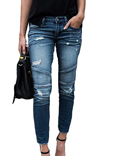 HONGBI Jeans Damen Röhrenjeans Zerrissene Destroyed Straight Jeans Hose mit Löchern Skinny Slim Stretch Denim Hose mit Mittlerer Taille Hellblau XXL von HONGBI