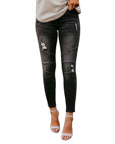 HONGBI Jeans Damen Röhrenjeans Zerrissene Destroyed Straight Jeans Hose mit Löchern Skinny Slim Stretch Denim Hose mit Mittlerer Taille Schwarz XL von HONGBI